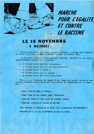 Programme d’accueil des marcheurs lors de l’étape de Mulhouse, le 15 novembre 1983