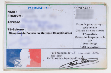 Verso d'une carte de parrainage républicain anonymisé du Collectif Accueil Migrants de Barbezieux.