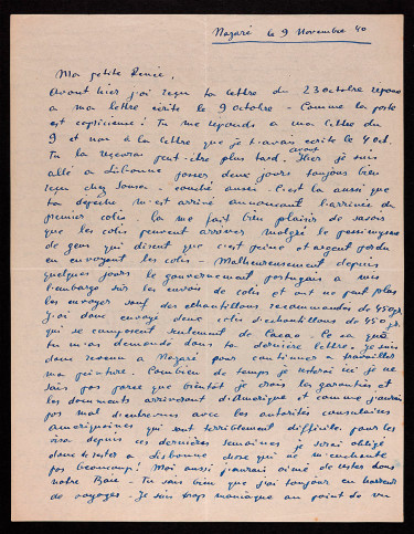 Moïse Kisling, lettre à Renée, 9 novembre 1940