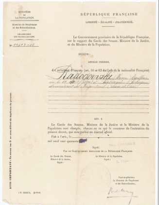 Décrét de naturalisation de Henri Radogowski
