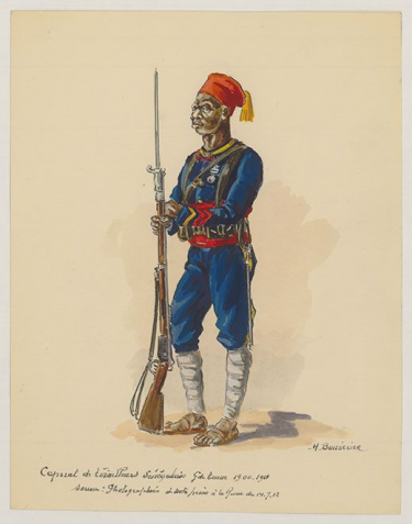 aquarelle d'un caporal tirailleur sénégalais, armé et en costume bleu et rouge