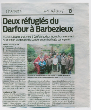 Une de presse sur le collectif Accueil Migrants de Barbezieux